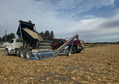 A dump truck unloading material into a conveyor system, with a red tractor nearby, on a cornfield under a cloudy sky.